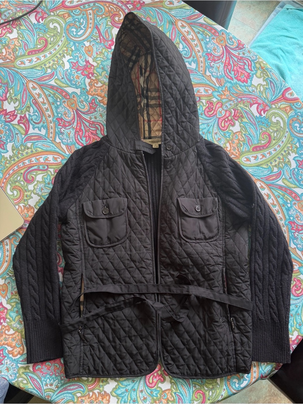 Burberry Black Quilted Hooded Jacket with Cable-Knit Sleeves